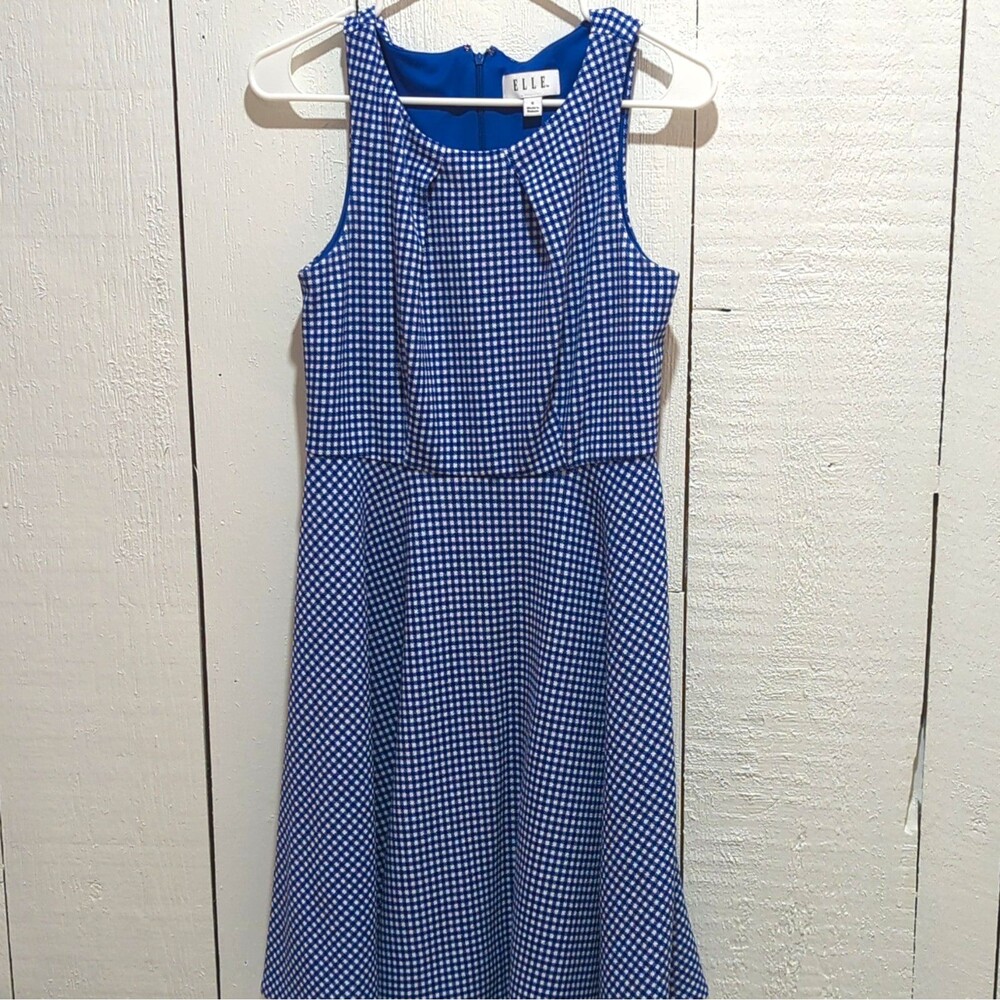 ELLE Women’s Blue/White Gingham Scoop Neck Sleeveless A-Line Zip Dress S